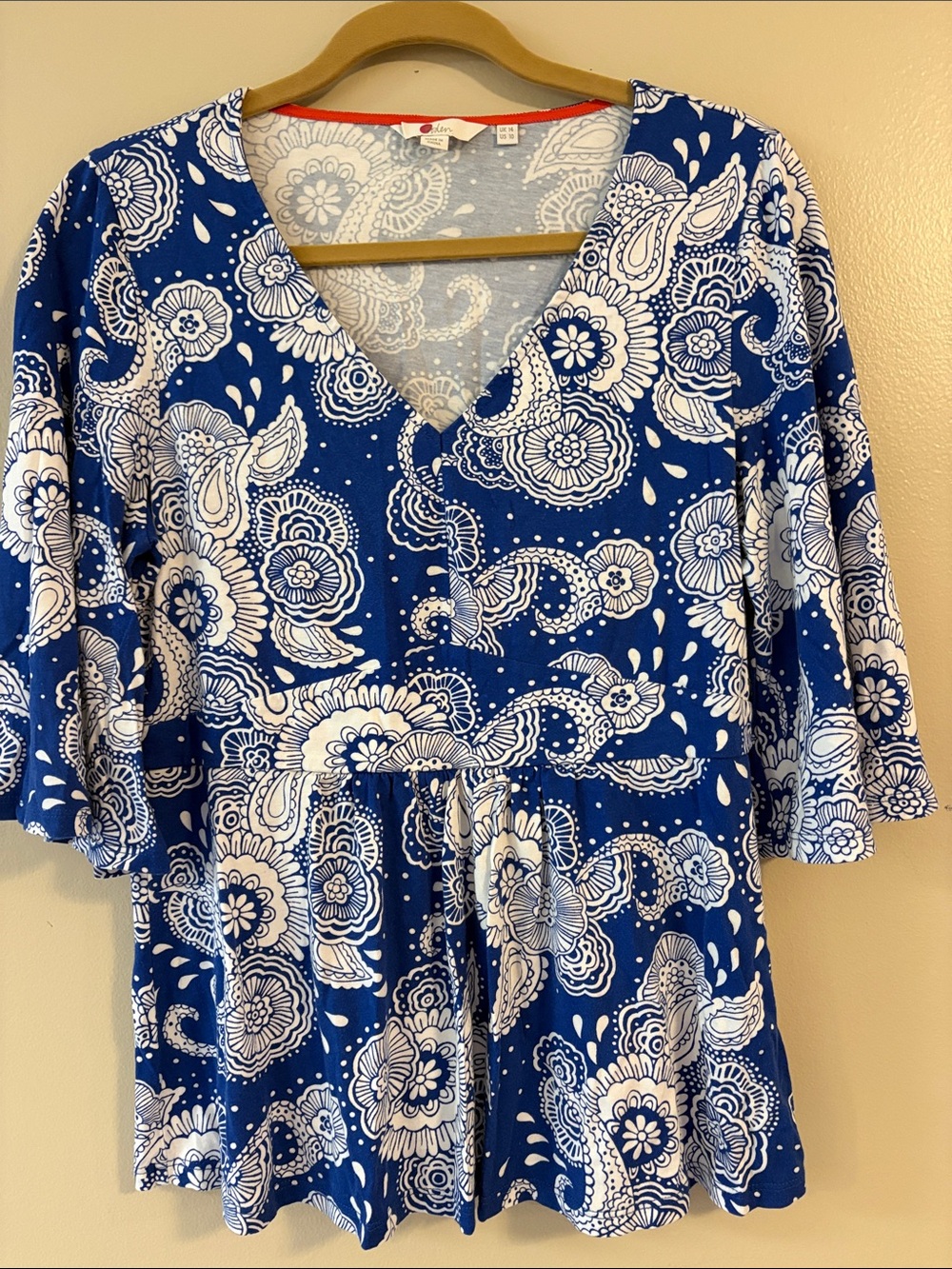 Boden Blue White Paisley Floral V-Neck Tunic Top US 10 Soft Cotton Modal